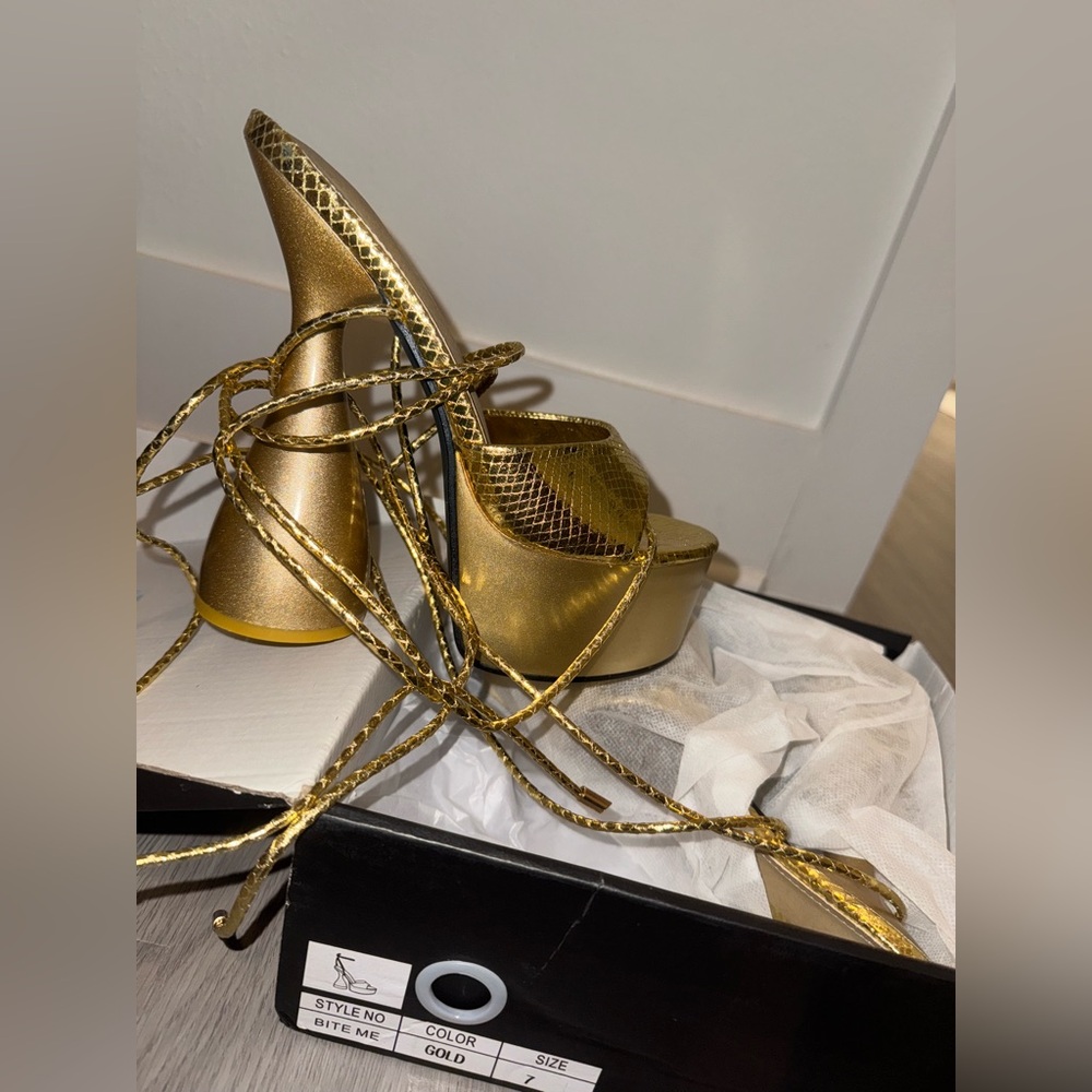Gold Platform Heels with Snake Print